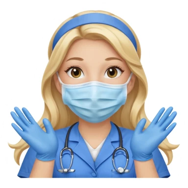 enfermera rubia con pelo largo, con mascarilla y guantes azules que aperezcan las dos manos, como las primeras imagenes que enviaste sticker
