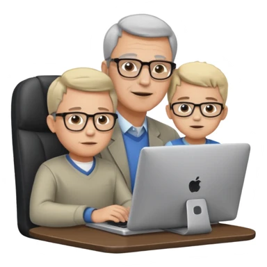 Middle aged man with glasses working at his desk, with his child sitting behind him on the head rest of his chair looking at his computer sticker