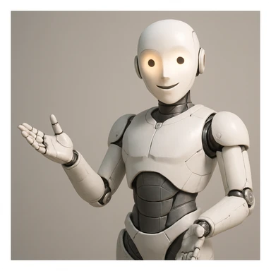 personified AI as white metal humanoid robot, articulated joints, softly illuminated face, welcoming posture sticker