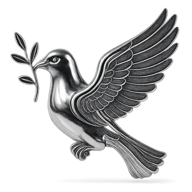 metallic chrome pigeon, peaceful, flying in profile with a branch in its beak, radiant and polished sticker