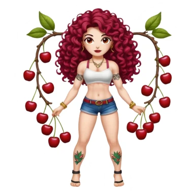 full body woman long curly brown hair brown eyes white skin tattoos muscular build cherry twin fruit hair ornaments, flirty battle pose sticker