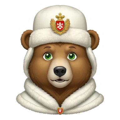 Bear head only, brown fur and green eyes, white ushanka hat with extremely accurate Russian Federation coat of arms with all correct elements and colors, iOS emoji style sticker