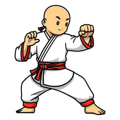 Martial artist in dynamic kung fu pose, wearing traditional loose outfit with sash sticker