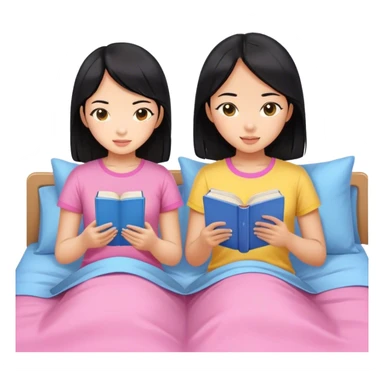 two asian girls black hair on the bed pink and yellow top reading blue books sticker