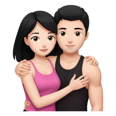 a pretty bratz fair girl. black hair, wearing a pink cami top, she is hugging a handsome fair guy with black hair. lean but muscular.the boy is wearing a black tshirt sticker