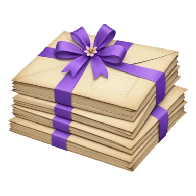A beautifully arranged Stack of aged letters, tied with a purple ribbon, envelopes, corespondence, aesthetic, purple flower petals around, mails sticker