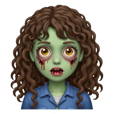Emoji garota zombie com cabelo castanho escuro cacheado longo com franja cacheada sem volume sticker