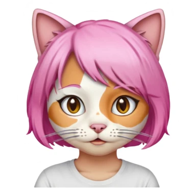 calico cat wear pink hair wig, white T-shirt sticker