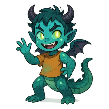 playful youthful child character blending 60% dragon features like scales, tail, small wings, 20% demon traits such as horns and mischievous eyes, and 20% alien elements including unusual skin color and glowing accents sticker