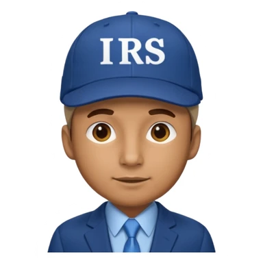 a man dressed in a blue suit with a cap on that says IRS sticker