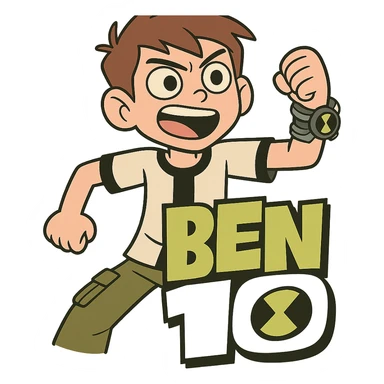 Ben 10 logo, bold green and black, cartoon style, energetic, suitable for a kids' show sticker