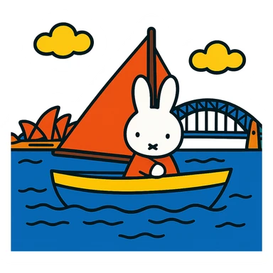 vibrant toon style Miffy in a boat on Sydney Harbour sticker