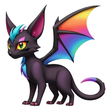 Obsidian-pitch-Black with rainbow-markings edgy Noivern-Noibat-Purloin-Torracat-Lykoi-Caracal-cat-Fakemon-fusion-hybrid-creature sticker