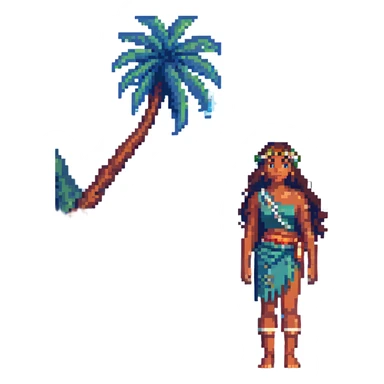 Moana standing on a beach in pixel art style, no background sticker