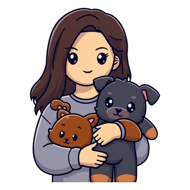 Kendall Jenner with long dark hair holding a brown teddy bear, a black schnauzer and a cow cat in her arms sticker