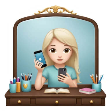 Girl sitting at vanity taking out picture with iphone 15 plus in the mirror and study materials on the vanity sticker