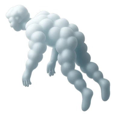 side view of unconscious person flying upwards by torso, legs and arms downwards, made of small very bright white fluffy convex clouds, matte glass style sticker