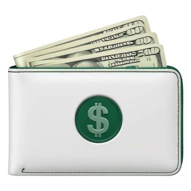 white men's wallet with dark green details, white banknotes with dark green elements sticking out, minimalism sticker