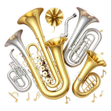 Create a festive and elegant emoji collage featuring a bouquet or fan of bells of wind instrument  (trumpets, saxophones, trombones, tubes, etc.) arranged in a radiant, symmetrical pattern. The instruments should have polished, golden and silver finishes, with their large, shiny bells forming a beautiful, fan-like display. Include a flowing ribbon of musical notes swirling through the center, conveying movement and melody. The background should feature a deep red velvet texture, adding a touch of luxury and sophistication. The overall composition should be balanced, with an elegant and regal feel, with a transparent background to keep focus on the instruments and musical elements. sticker