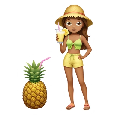 Full body of a very tan skinned girl with brown hair wearing a summer outfit sipping a piña colada sticker