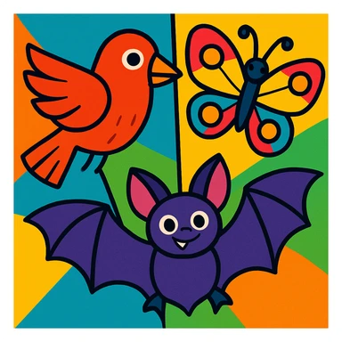a group of animals with wings including a bird, a butterfly, and a bat in vibrant toon style sticker