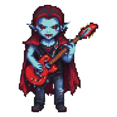 vampire holding a guitar, pixel art style sticker