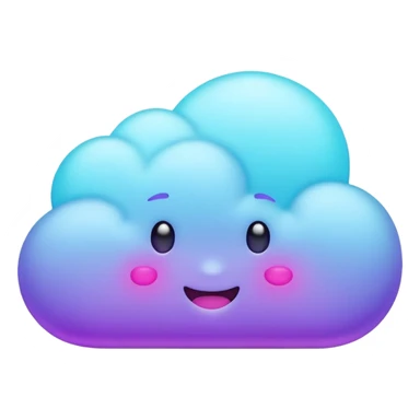 Small cloud with multiple emoji-style expressions (happy, sleepy, mischievous), glowing purple/cyan neon, playful aesthetic. sticker