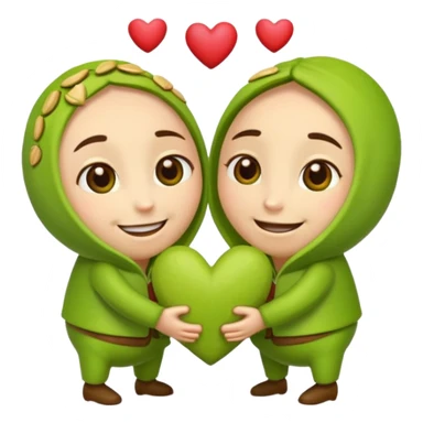 animated pistachio and pistachia holding hands, surrounded by hearts, iOS emoji style sticker