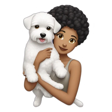 mujer con peinado de chongo negro con perro bichon blanco sticker