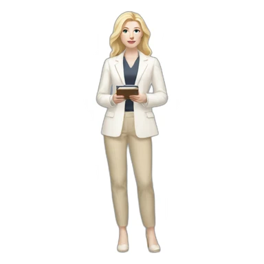 Full height pale skin woman with blonde Straightened Hair to shoulders, White classical jacket, beige Arrow pants holding a color palette in the hands sticker