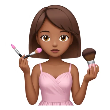 girl with brown hime cut hair, wearing light pink dress, doing makeup sticker