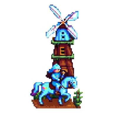 knight on horseback in front of windmill, pixel art style, retro, detailed sticker