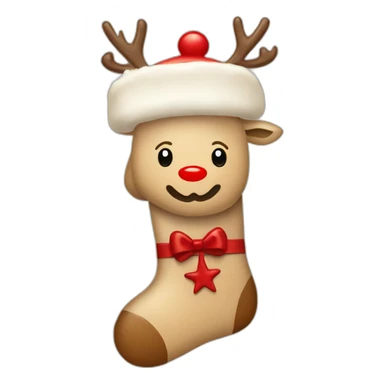 A beige Christmas stocking with red snowflakes and a reindeer drawn on it. The reindeer has a red nose. sticker