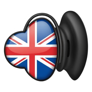 Minimalistic flat vector icon, iOS style, thin black contour on white background. Ear icon with sound waves and small UK/USA flag symbol. Clean, no text, no shadows sticker
