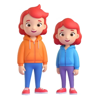 Two smiling cartoon-style characters standing close together, one slightly taller, cheerful expressions, matching clothes or colors, white background, emoji style sticker