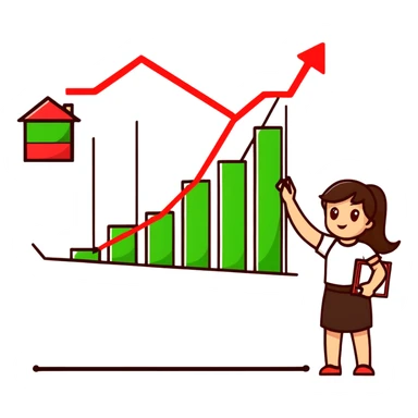 Girl holding chart with rising green graph line in right hand and holding another chart with falling red graph line in left hand sticker