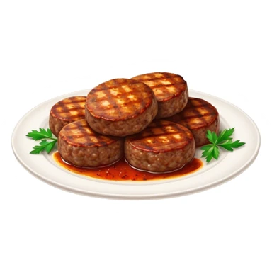 Cinematic Realistic image of Turkish Köfte, presented as perfectly formed, spiced meat patties with detailed textures and subtle grill marks, arranged artfully on a simple plate and illuminated by warm, appetizing lighting that accentuates their savory appeal. sticker