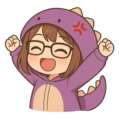 Chibi anime style gamer girl with glasses, brown hair, dark purple eyes, wearing a purple dinosaur costume, new pose with arms up in excitement, making a blushing expression, no controller, no background, same style as reference. sticker