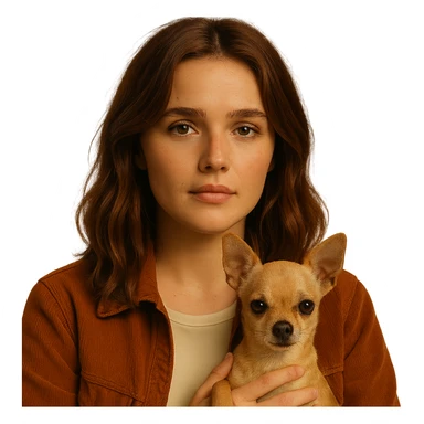 Portrait centered for Instagram profile picture, inspired by the facial features visible in the reference images, with a tanned complexion, subtle freckles, shirt color #FFF8CA, rust-colored jacket, medium-length brown hair with auburn highlights, nostalgic and gentle expression, holding a beige-brown chihuahua, Netflix series style, transparent background, intimate Tenerife ambiance. sticker