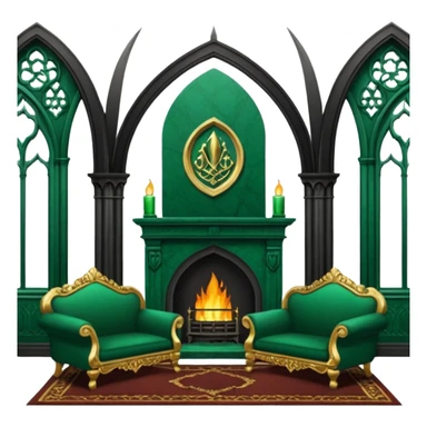 Slytherin common room scene with an emerald green sofa and ornate fireplace, gothic arches sticker