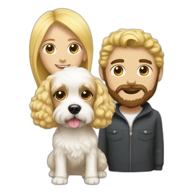 White Cavapoo with a blonde girl and a bearded dark haired guy sticker