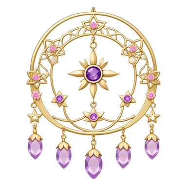 Epic beautiful gorgeous cute gold suncatcher, threads with shiny sparkly amethyst and rose-quartz gemstones, flowers, crescents-moons, stars sticker