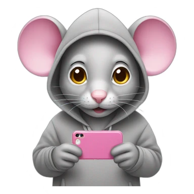 pink mouse wearing a grey hoodie with Iphone sticker