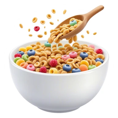 Cinematic crunchy cereal, vibrant and colorful, splashing into a bowl of cold milk, soft glowing background, dynamic movement, playful and inviting, nostalgic and fun. sticker