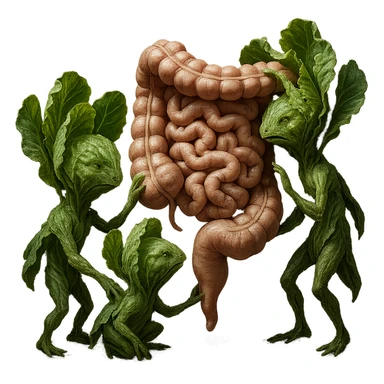 Ultra-realistic 4K illustration: stylized lettuce leaves depicted as plant-like creatures interacting with a human anatomical model of the intestine. The scene is surreal and scientific, with organic textures, refined biological details, dramatic lighting, and a bio-fantasy photorealistic style sticker