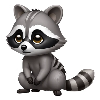 Cinematic-cute Raccoon-Realistic-hunched Full-Body on all fours-Emoji – Tail flicking lazily, head tilted dramatically, thick grey fur with a signature black mask, sharp and alert ears, simplified yet realistic focused features, highly detailed, glowing with an almost sarcastic glow. big black eyes sticker