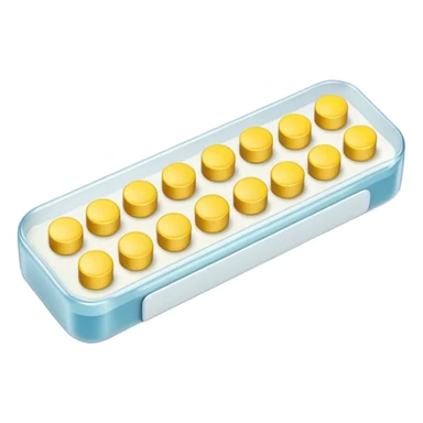 single blister strip or a pair of small tablets or capsules in muted tones (white, pale yellow, or light pink), clean clinical shape, smooth finish, pills placed simply, no branding or packaging details, soft lighting, subtle shadows, emoji scale sticker