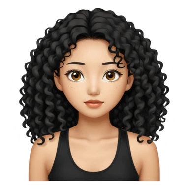 Korean woman with black cute long curly hair  with a black top tank with long lashes sticker