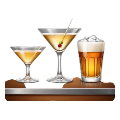 Bar counter with martini glass, beer glass, and whiskey glass lined up sticker