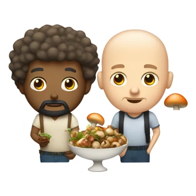 Bald white man with beard and curly haired Filipino eating mushrooms sticker